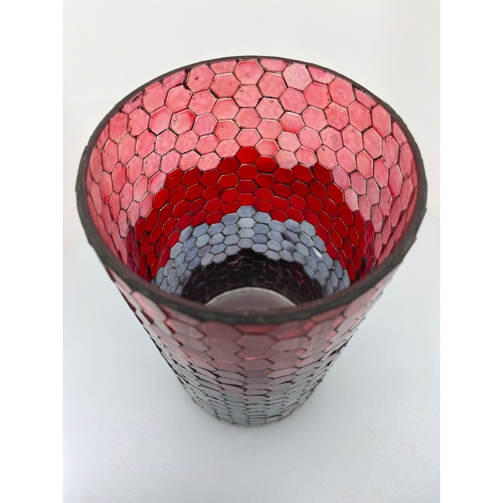 Honeycomb Hurricane Glass Mosaic 10" Tall, Charcoal Grey, Grey, Red, Light Red